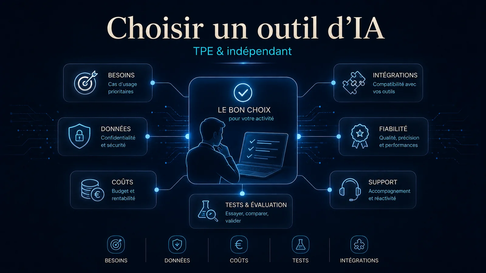 Illustration présentant les principaux critères pour choisir un outil d’intelligence artificielle adapté à une TPE ou à un indépendant.