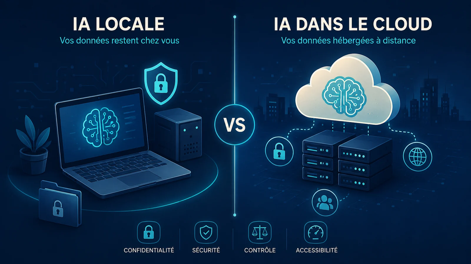 Illustration comparant une IA exécutée localement sur un ordinateur à une IA utilisant une infrastructure cloud distante.