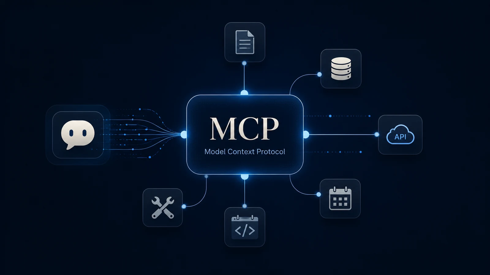 Schéma du protocole MCP reliant un assistant IA à des fichiers, une base de données, une API, un calendrier et des outils.