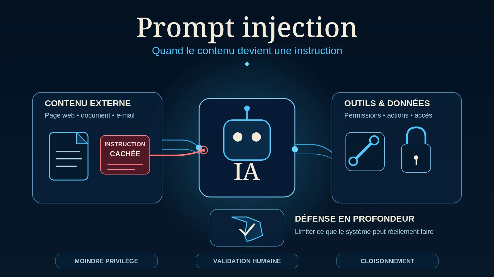 Illustration montrant une instruction cachée dans un contenu externe tentant d’influencer une IA connectée à des outils et des données.